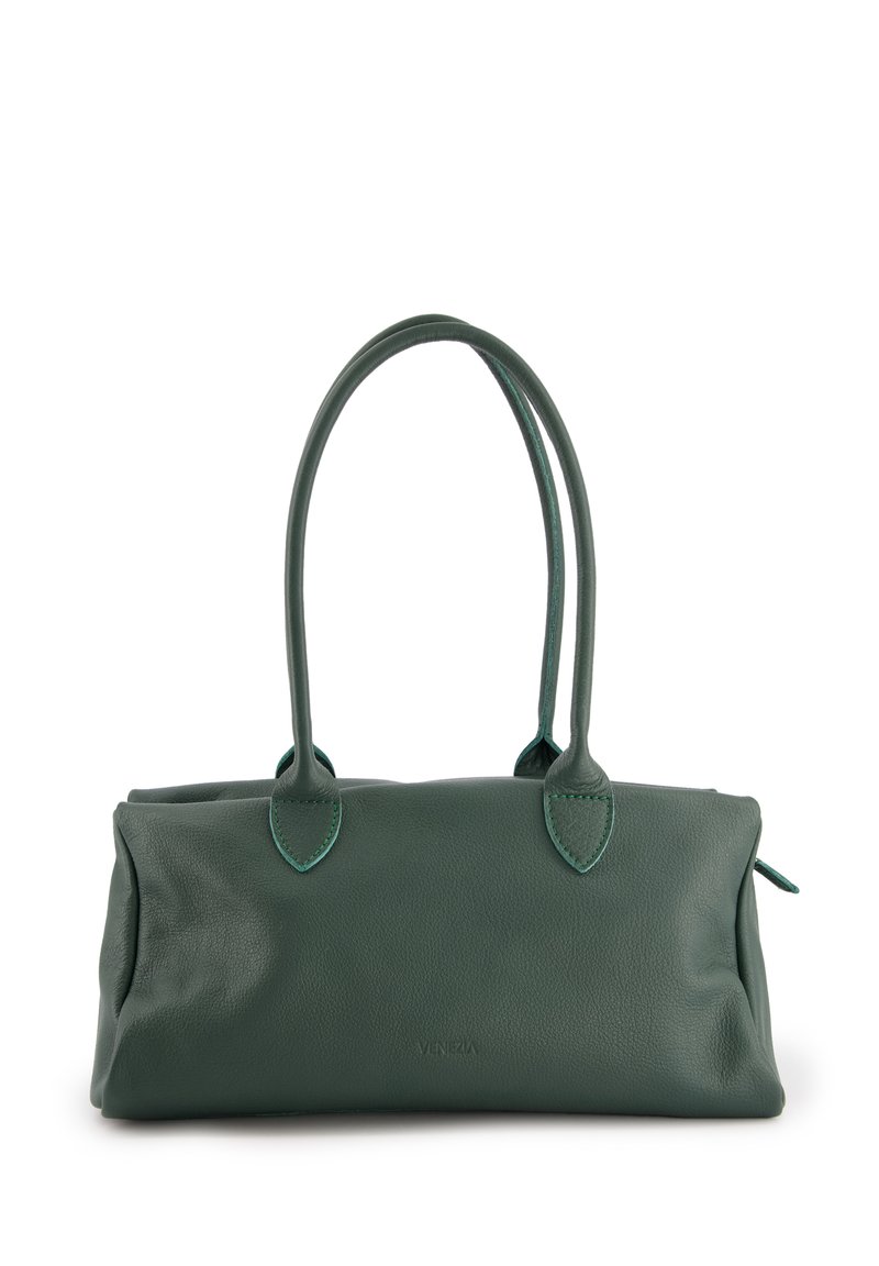 Grüne Lederhandtasche mit zwei runden Griffen, weicher Textur und subtiler Naht. Präsentiert ein minimalistisches Design und ein geprägtes Logo.