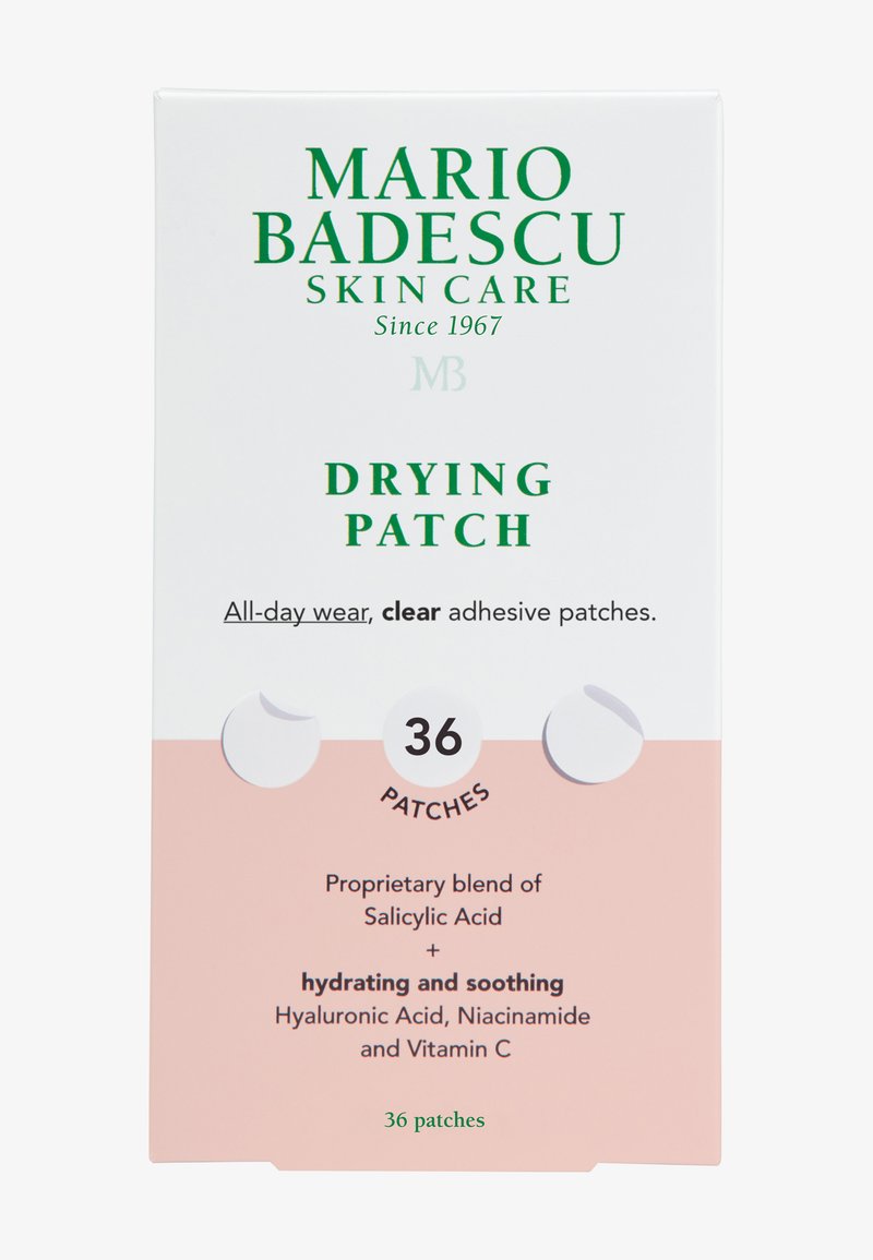 Boîte de patchs asséchants Mario Badescu Skin Care contenant 36 patchs adhésifs transparents avec acide salicylique, acide hyaluronique, niacinamide et vitamine C.