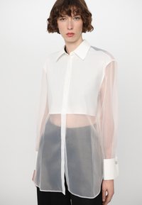 White, sheer button-up shirt with a pointed collar, cropped length, and long, translucent sleeves. Features white cuffs and front button closure.