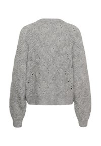 Grauer, gestrickter Pullover mit strukturiertem Muster, mit einem kurzen Schnitt und weiten Ärmeln. Die Rückseite hat einen runden Ausschnitt und einen gerippten Saum.