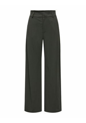 Pantalones de pierna ancha en una tela verde oscura, con una cintura alta, bolsillos frontales y una textura suave y mate.