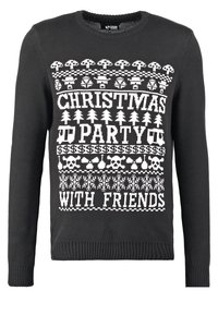 Maglione nero a maglia con grafiche a tema natalizio bianche, tra cui la scritta "FESTA DI NATALE CON GLI AMICI", alberi, fiocchi di neve e teschi.