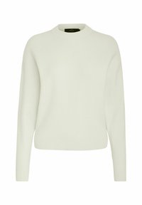 Hellgrüner Pullover mit rundem Ausschnitt, gerippten Bündchen und Saum. Hergestellt aus weichem Stoff mit glatter Textur und lockerer Passform.