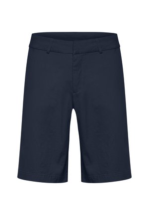 Pantaloni corti blu navy realizzati in tessuto leggero, con una superficie liscia, vestibilità dritta, chiusura con zip e passanti per cintura. Nessun motivo o dettaglio visibile.