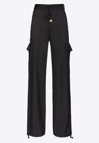 Zwarte wijde cargo-broek van textuurstof met een verstelbare trekkoord tailleband en meerdere zijzakken met kleppen.