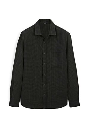 Long-sleeve button-up shirt in dark green checkered pattern. Soft fabric with a chest pocket and a standard collar. Four black buttons.