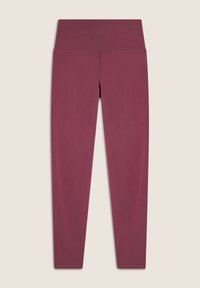 Leggings bordeaux realizzati in tessuto elasticizzato, con un alto strato in vita e una superficie liscia e opaca, progettati per il comfort e la flessibilità.