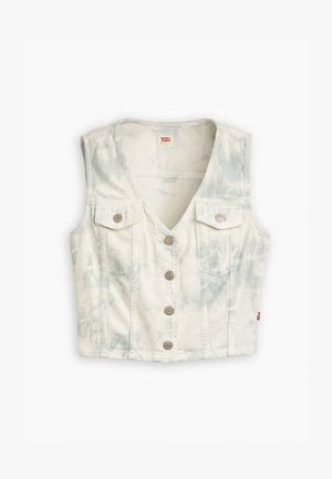 Fehér farmer mellény kék batikolt mintával, mély V-nyakkivágással, hat gombos elülső záródással és két mellzsebbel, ezüstgombokkal.