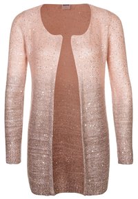 Glittrig rosa cardigan med öppen front, med en färggradient och texturerad stickning. Långa ärmar och mjukt, lätt material.