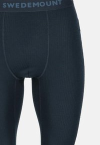 Intimo lungo a righe blu scuro con una fascia elastica liscia che presenta la scritta "SWEDEMOUNT" in lettere a contrasto. Il tessuto sembra elastico e strutturato.