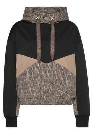 Black and beige hoodie with geometric pattern and repeated "VB" letters, featuring a drawstring hood and elastic waistband.