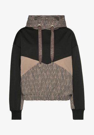 Black and beige hoodie with geometric pattern and repeated "VB" letters, featuring a drawstring hood and elastic waistband.