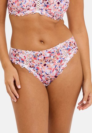 Bralette en dentelle et culottes assorties avec un motif floral multicolore, des bords festonnés et des détails d'accent en dentelle à l'avant.