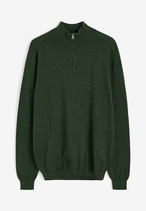 Dark green, knitted pullover sweater with a high collar and half-zip closure. Features ribbed cuffs and hem, smooth texture, and fitted design.
