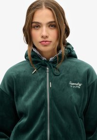 Hoodie in corda verde con chiusura a zip, cappuccio con coulisse e logo ricamato sul petto. Texture morbida con righe verticali.