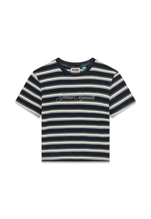 Granatowy t-shirt w paski na krótkie rękawy z białymi i szarymi paskami. Z logo z kryształków. Materiał z mieszanki bawełny, okrągły dekolt.