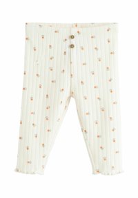Pantalons blanc à côtes avec un petit imprimé floral orange, dotés de deux boutons à la taille et d'ourlets volants. Tissu doux avec élasticité.