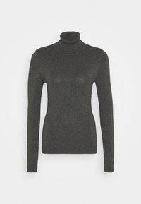 Ciemnoszary sweter z golfem wykonany z miękkiego dzianiny, z długimi rękawami i dopasowanym krojem, z prążkowanymi akcentami przy dekolcie i hemie.