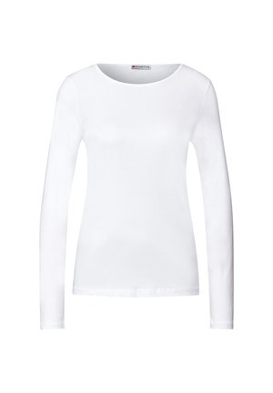 Camisa blanca de manga larga con cuello redondo, de silueta ajustada y sin patrones ni adornos visibles, sobre un fondo blanco.