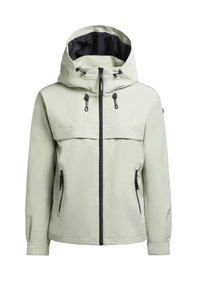 Jasnozielona wodoodporna kurtka z kapturem, zapinana na zamek z przodu, z czarnymi akcentami. Posiada dwie zapinane na zamek boczne kieszenie oraz gładką fakturę.