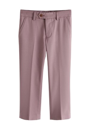Dusty pink trousers made of smooth fabric, featuring a single button closure, two front pockets, and a tailored straight leg design.