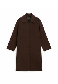Brauner Wollmantel mit geradem Design, großem Kragen, Knopfverschluss und zwei seitlichen Taschen. Glatte Textur und knielange Silhouette.