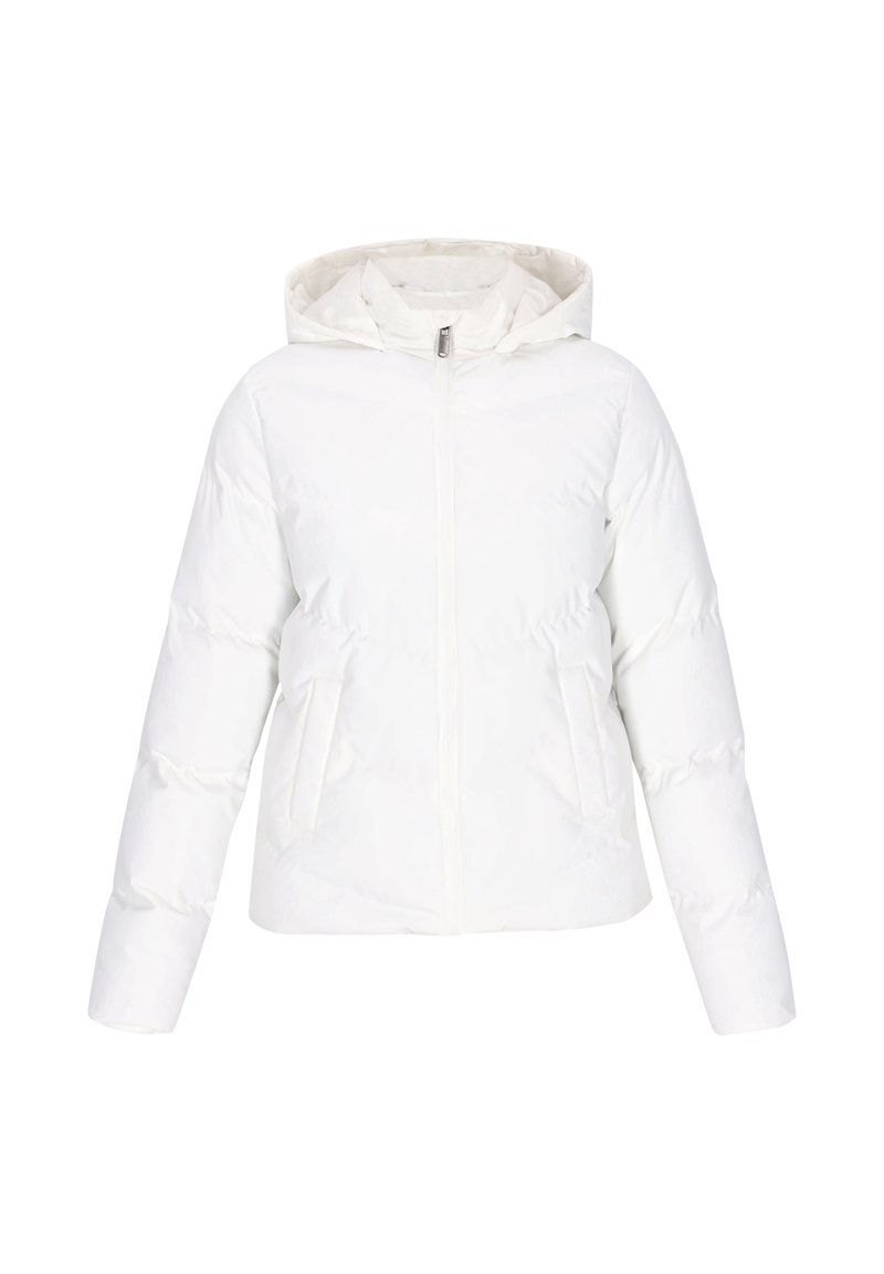 Giacca puffa bianca con cappuccio, chiusura frontale con zip e due tasche laterali. Texture liscia con dettagli trapuntati e design accorciato.