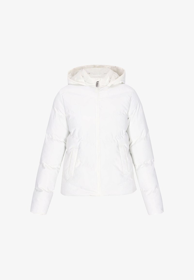 Witte pufferjas met capuchon, ritssluiting aan de voorkant en twee zijzakken. Glad textuur met quilted details en een cropped ontwerp.