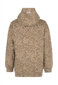 Mikina s kapucí v kameuflážním vzoru v béžových a hnědých tónech, s volným střihem, elastickými manžetami a klokaní kapsou.