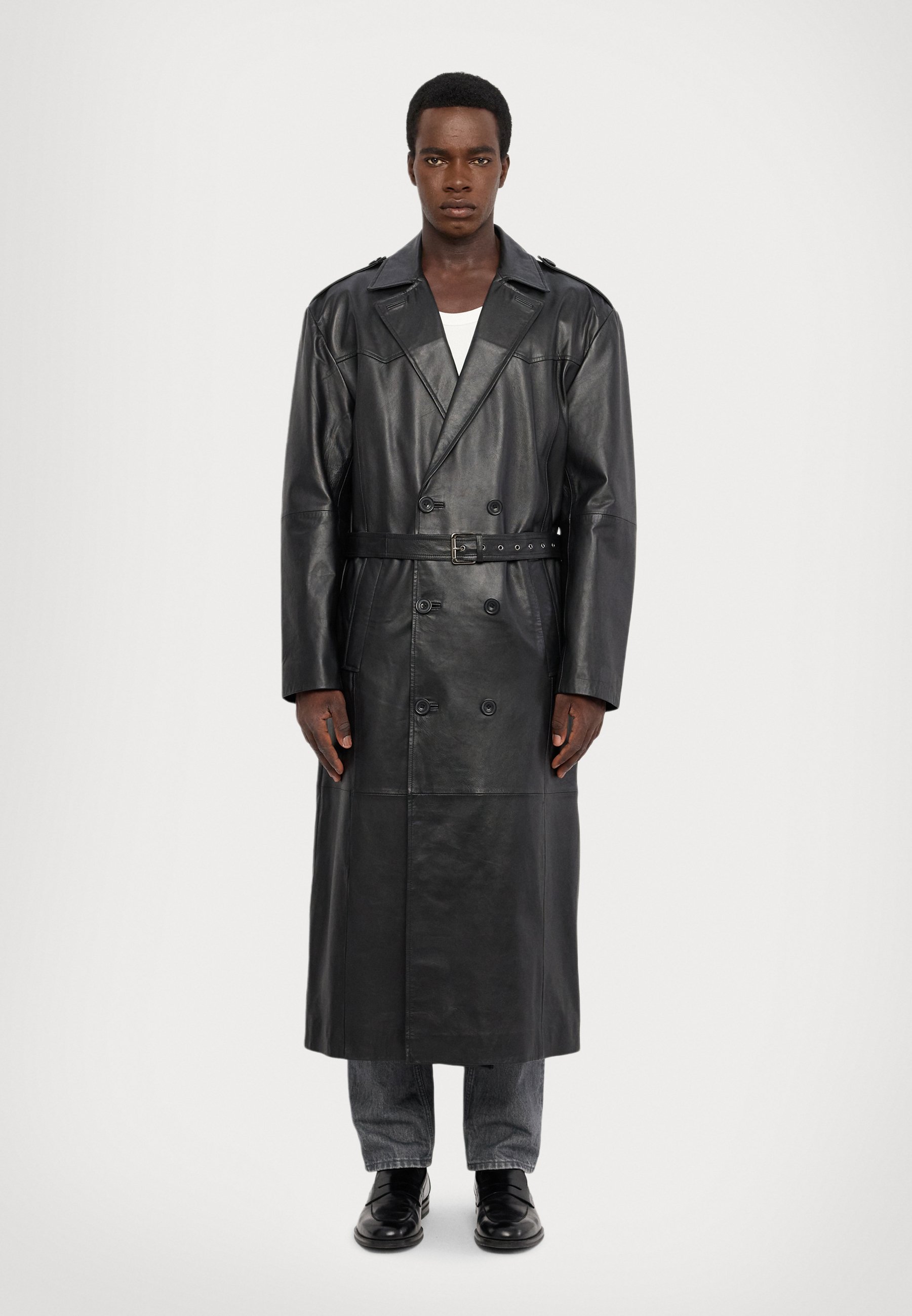 STUDIO ID DOUBLE BREASTED REAL LEATHER COAT - Classic coat - black