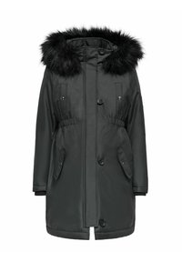 Parka noire en tissu lisse, avec une capuche en fausse fourrure, une taille élastique, deux poches et des fermetures à boutons.