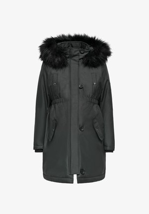 Black parka jacket made from smooth fabric, featuring a faux fur hood, elastic waist, double pockets, and button closures.
