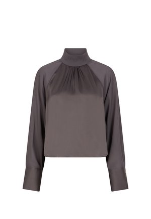 Donkergrijze blouse met een hoge kraag, lange mouwen en geplooide voorkant. Gemaakt van gladde stof, met manchetten aan de mouwen.