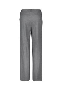 Pantalons gris ajustés avec une coupe droite, une taille plate et deux poches arrière. Fabriqués dans un tissu lisse et structuré.