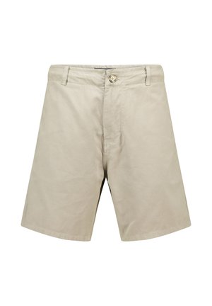 Beige Shorts aus Baumwolle, mit einem einzelnen Knopfverschluss vorne, seitlichen Taschen und einer glatten Textur ohne sichtbare Muster.