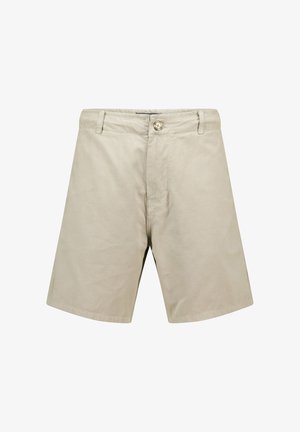 Beige Shorts aus Baumwolle, mit einem einzelnen Knopfverschluss vorne, seitlichen Taschen und einer glatten Textur ohne sichtbare Muster.