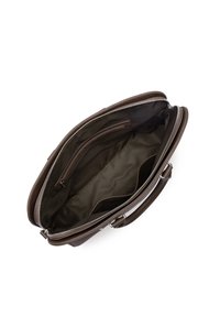 Borsa in pelle marrone con apertura a zip. L'interno presenta un comparto foderato, una tasca con zip e due tasche aggiuntive.