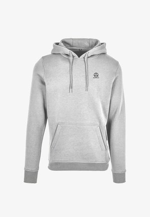 Grauer Kapuzenpullover mit Kängurutasche, gerippten Bündchen und kleinem schwarzem Logo auf der Brust. Hergestellt aus weicher, strukturierter Stoff.
