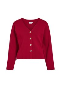 Cárdigan de punto rojo con escote en V, mangas largas y cinco botones dorados en el frente. Presenta costuras entalladas y un diseño corto.