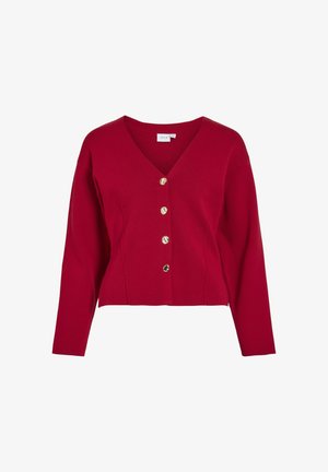 Röd stickad cardigan med v-ringning, långa ärmar och fem gyllene knappar fram. Har skräddarsydda sömmar och en kortad design.