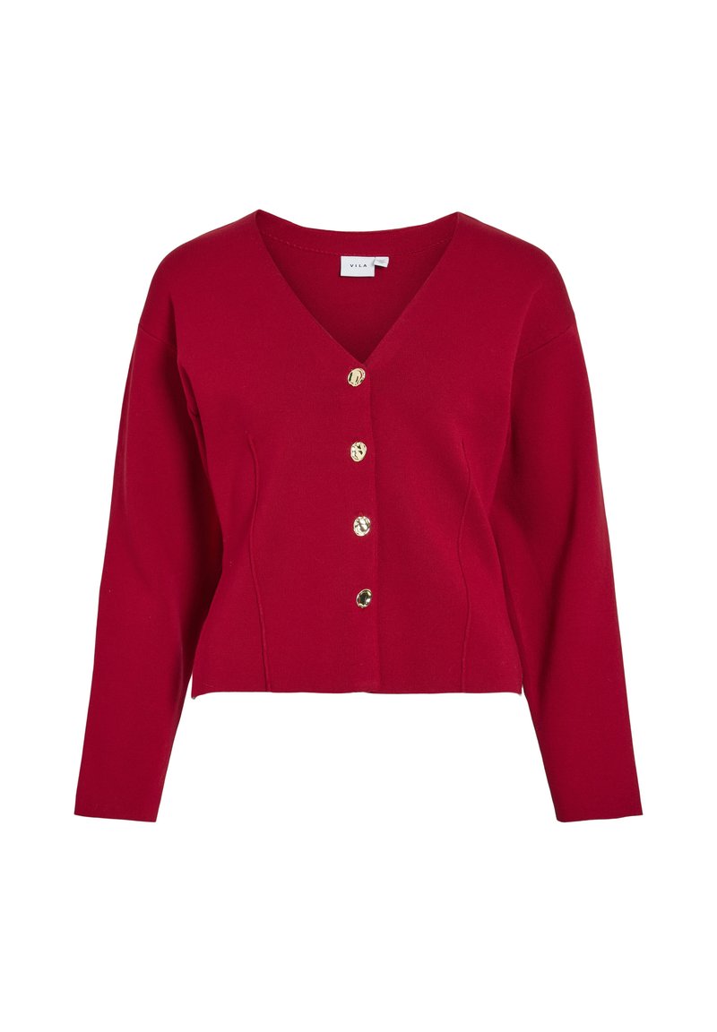 Cárdigan de punto rojo con escote en V, mangas largas y cinco botones dorados en el frente. Presenta costuras entalladas y un diseño corto.