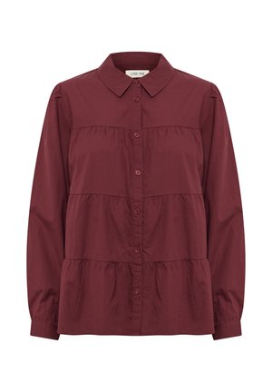 Chemise bordeaux à manches longues en coton léger, avec un col, un devant boutonné et un design à plusieurs niveaux avec de légers froncés à la taille.