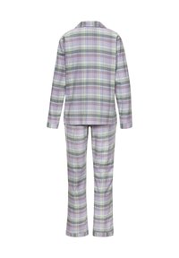 Plaid pajama set in lavender, green, and gray. Long-sleeve top with a collar and straight-leg pants. Soft fabric with a smooth texture.