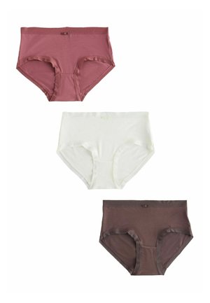 Trois culottes pour femmes en coton à taille haute de couleur mauve, blanche et marron, disposées verticalement sur un fond blanc.