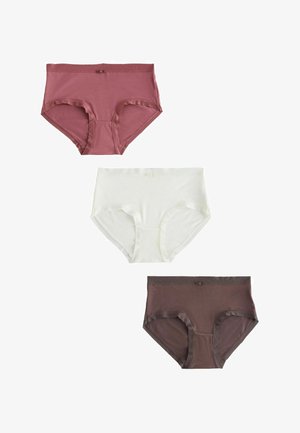 Trzy bawełniane damskie majtki z wysokim stanem w kolorach szarofioletowym, białym i brązowym, ułożone pionowo na białym tle.