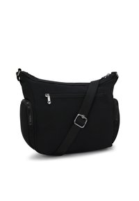 Borsa a tracolla nera in nylon con forma arrotondata, tasche con cerniera, tracolla regolabile e una leggera texture sul tessuto.