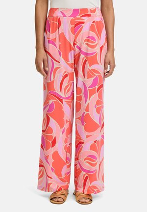 Multicolored wijde broek met een bloemenpatroon in tinten van rood, roze en koraal. Gemaakt van lichtgewicht stof met een elastische tailleband.