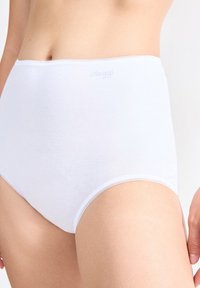 Close-up van een persoon die hoogzittende witte katoenen slips draagt met subtiele stiksels en een geprint merklogo op de tailleband.