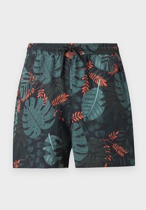 Donkere zwembroek met turkooise en oranje tropische bladpatronen en een zwarte tailleband met trekkoord.