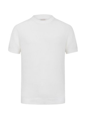 Biała dzianinowa koszulka z krótkim rękawem, z okrągłym dekoltem, o gładkim wzorze i subtelnej fakturze, odpowiednia do codziennego noszenia.